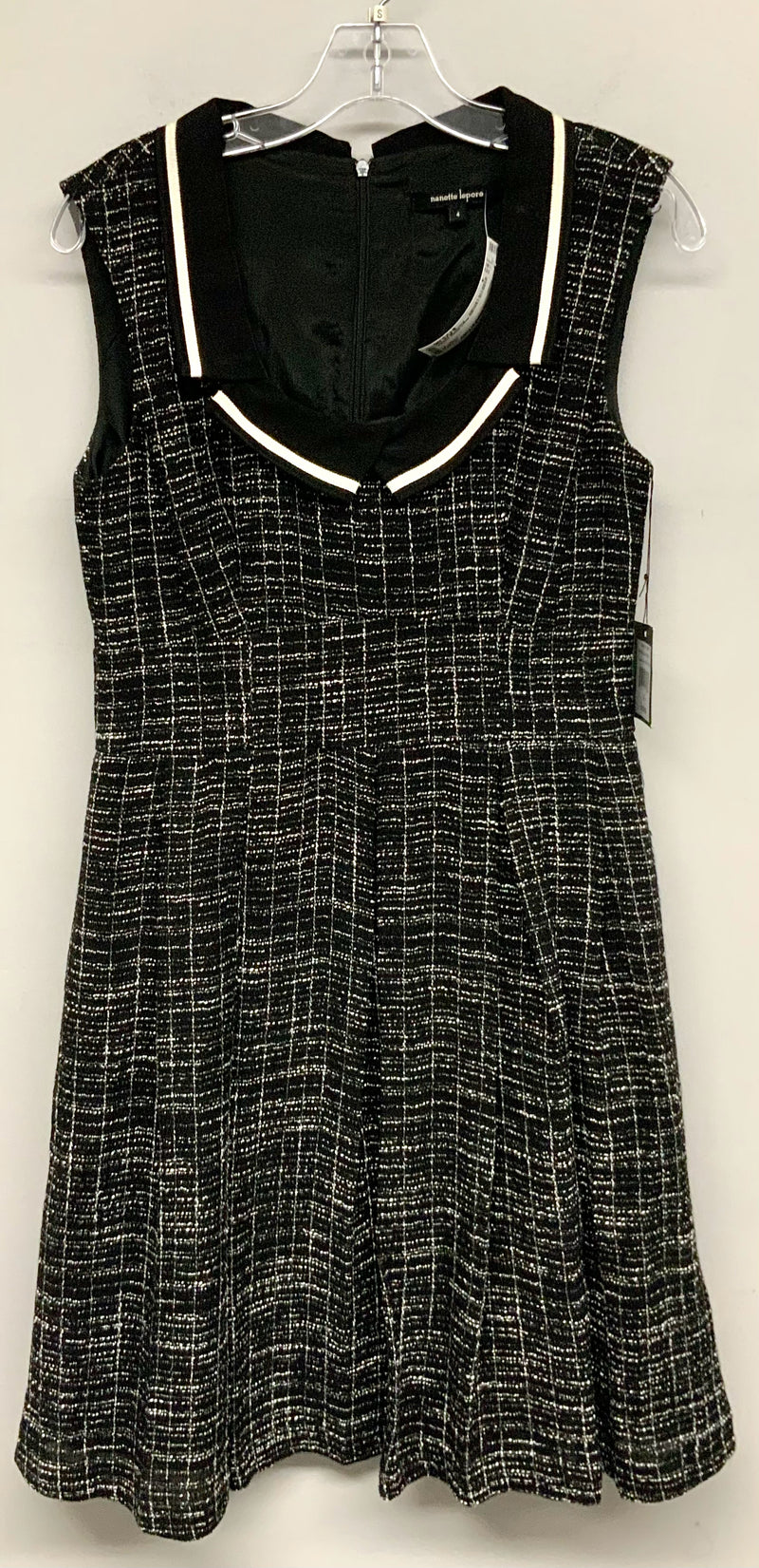 NANETTE LEPORE Black White Tweed Pleated S/L Collared Spectacular Dress