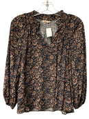 FAHERTY Navy Tan Brown Floral Splie Neck Top