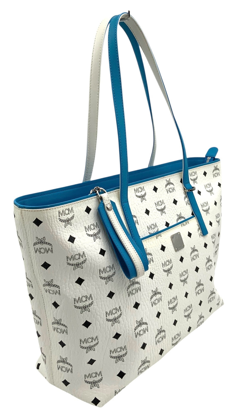 MCM White Black Coated Canvas Visetos Blue Trim Anya Tote