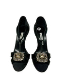 MANOLO BLAHNIK Black Satin Jeweled T-Strap H/H Sandals 38.5