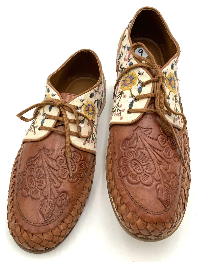 LAIDBACKLONDON Tan Tooled Leather Floral Embroidered Canvas Oxford Shoes 9