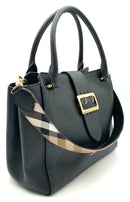 BURBERRY Black Grained Leather Goldtone Buckle Tote Bag