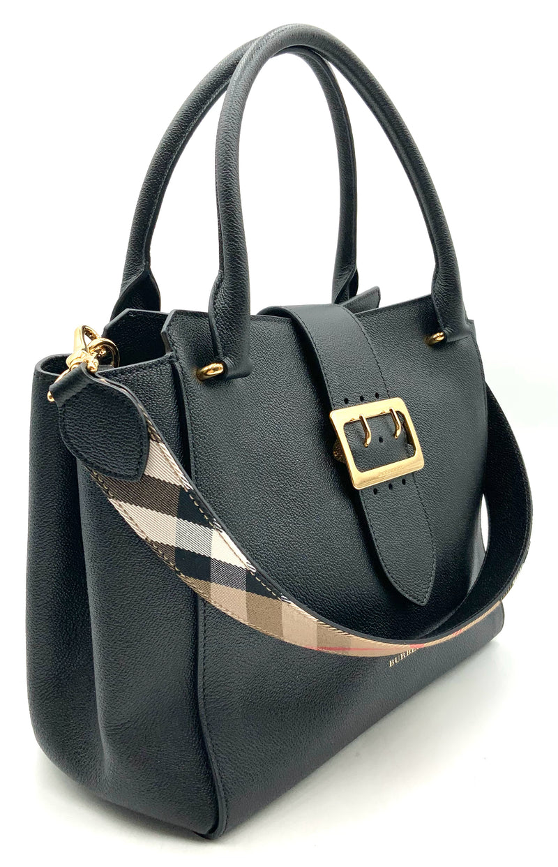BURBERRY Black Grained Leather Goldtone Buckle Tote Bag