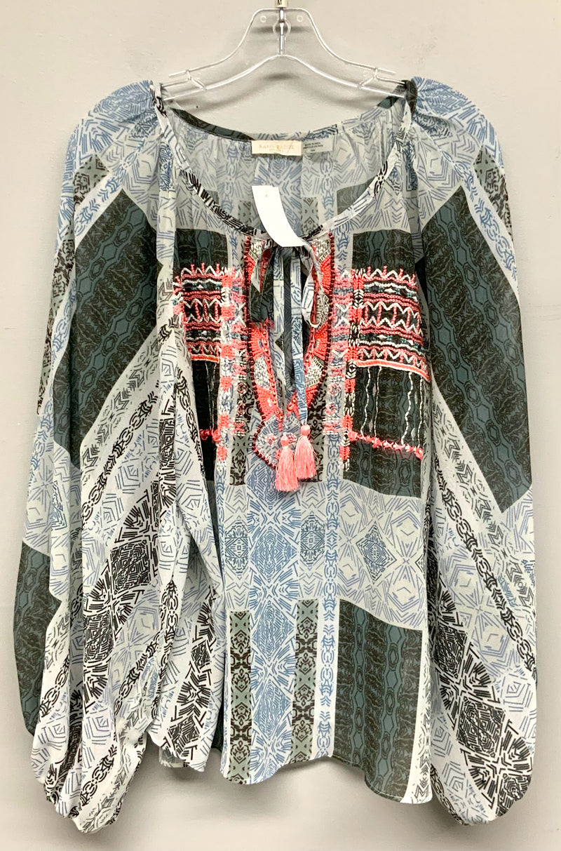 RAMY BROOK Blue Green Print Pink Neon Embroidered Tie Neck Top