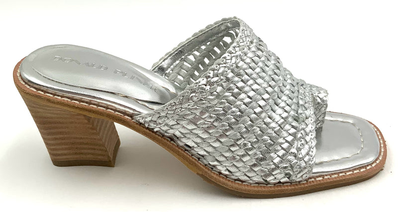 DONALD PLINER Silver Woven Leather Block Heel Sandals 6