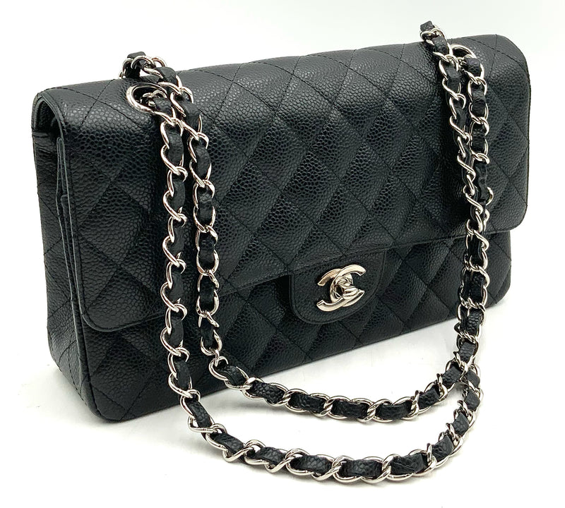 CHANEL Black Caviar Quilted Leather Chain Strap Turnlock Double Flap Bag