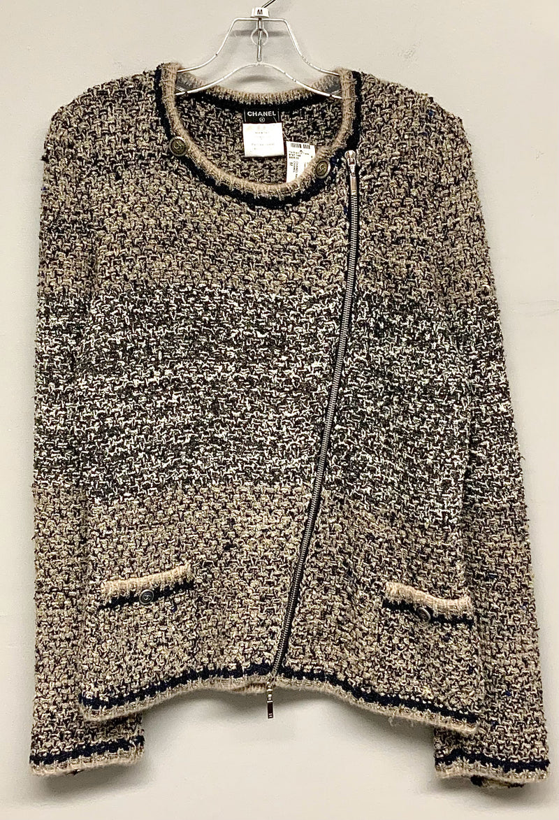 CHANEL Taupe Navy Grey Boucle Asymetrical Zip Sweater