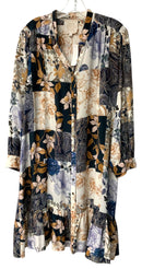 JOHNNY WAS Navy White Floral Patchwork Silk Luna Mini Dress