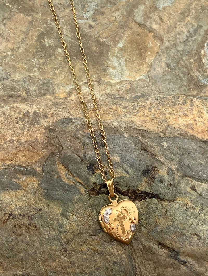 Gold Filled Necklace w/Cross Heart Pendant/Locket, 13.275"l