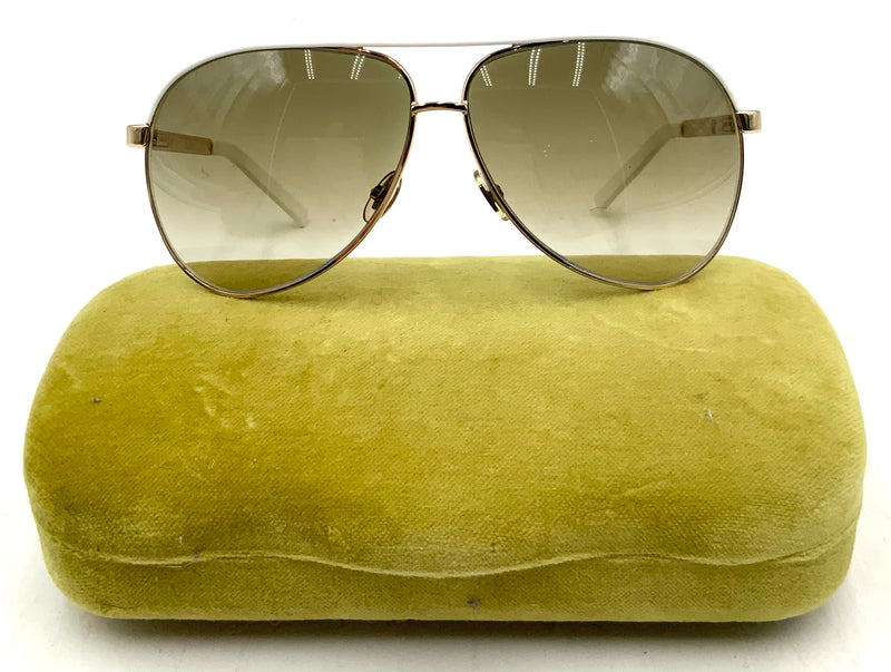 GUCCI White Enamel Goldtone Frame Brown Gradient Lens Aviator Sunglasses