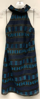 TRINA TURK Black/Teal Crochet Overlay Fold-Over Collar S/L Dress