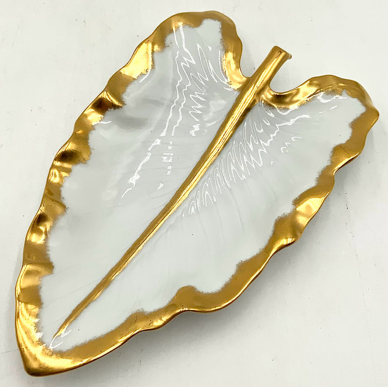 Handpainted Porcelain Leaf Dish with Gold Accent
