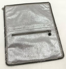 STELLA MCCARTNEY Silver Metallic Vegan Suede Chain Trim Falabella Clutch