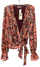 RAMY BROOK Maroon/Coral Floral "Melody" L/S Wrap Tie Waist Top