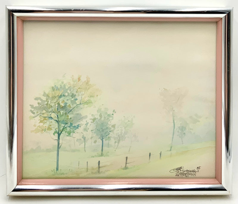 Vintage Signed Watercolor of  Landscape with Trees in Silver Frame