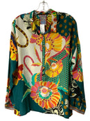 JOHNNY WAS Green/Pink/Yellow/White Floral L/S B/D Silk Top