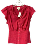 MAEVE Raspberry Smocked Flutter Slv B/D Top