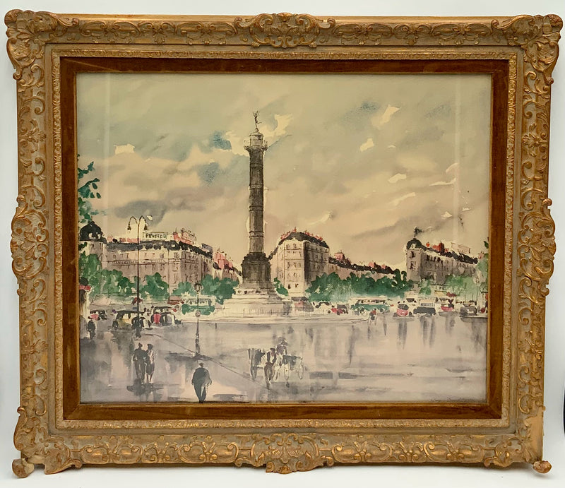 Guy De Neyrac Place de la Bastille Watercolor Lithograph in Gold Frame AS-IS