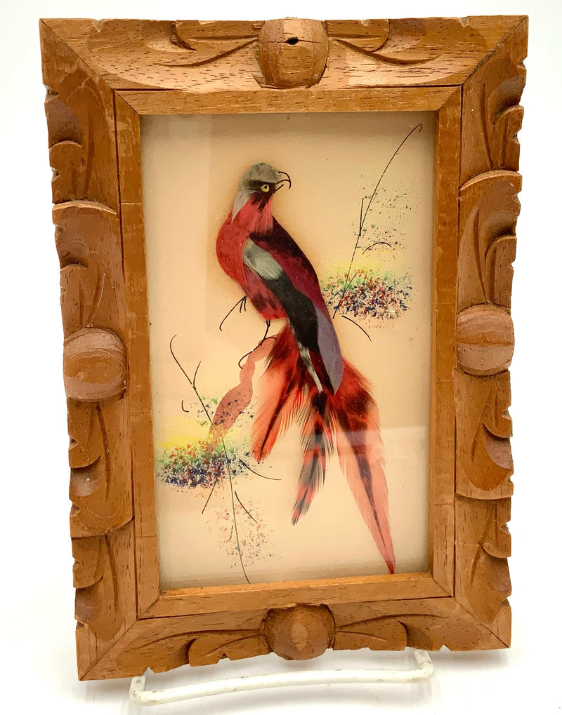 Vintage Mexican Feather Bird in Carved Wood Frame