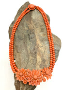 Antique 14kt Gold & Hand Carved Coral 2-Strand Beaded Necklace