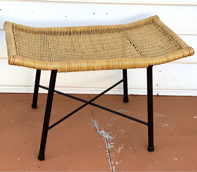 Vintage Wicker Bench with Metal Frame
