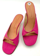 STUBBS & WOOTTON Pink Linen Tan Vachetta Trim Kitten Heel Sandals 7.5