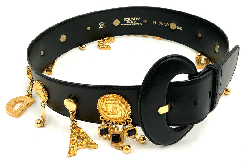 ESCADA Vintage Black Leather Goldtone Logo Charm Belt sz 36