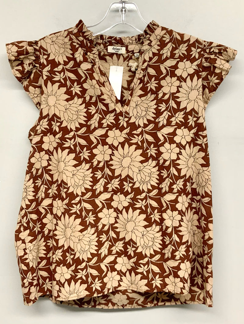 DYLAN Brown/Tan Floral Ruffle S/S V-Neck Top
