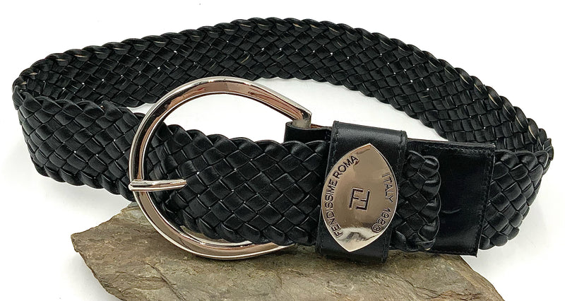 FENDI Vintage Black Braided Leather Wide Belt XS