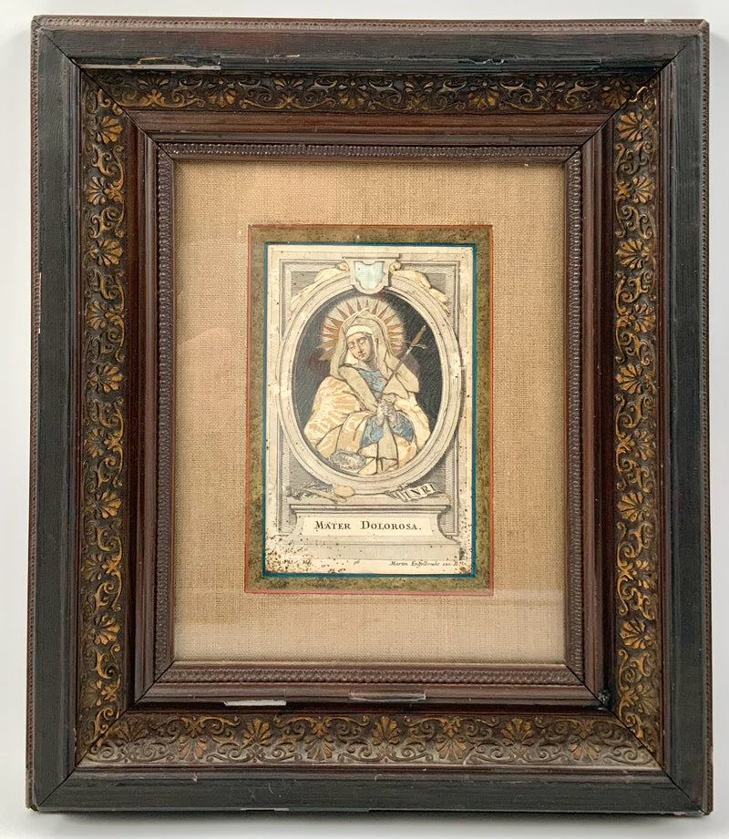 Antique Italian Engraving of Madonna in Wood Frame