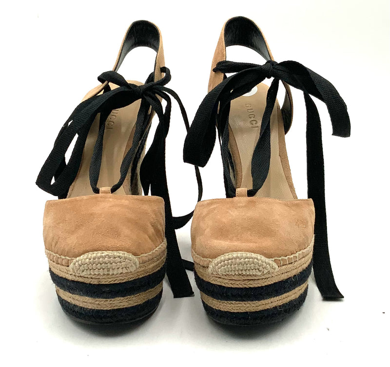 GUCCI Tan Suede Black Ribbon Tie Espadrille Wedges 38