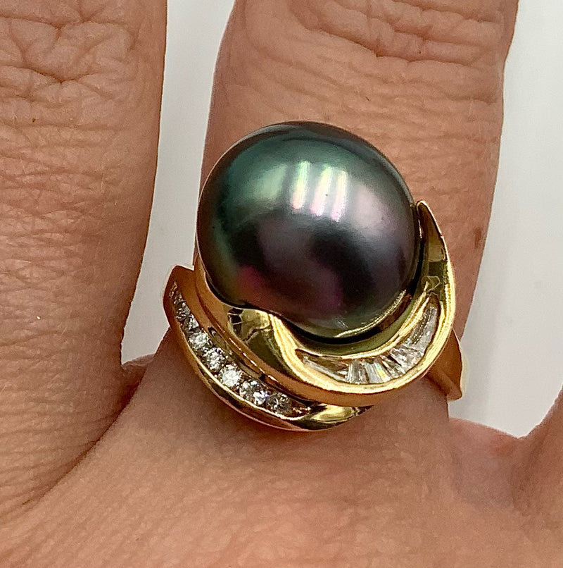 14kt Gold, Diamond & Baroque Tahitian Pearl Ring, Sz 7.25