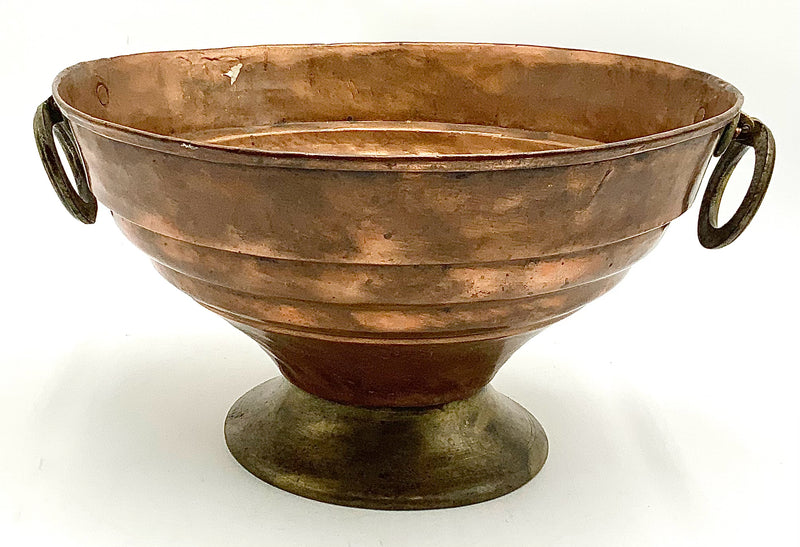 Antique Footed Copper Bowl with Brass Rings