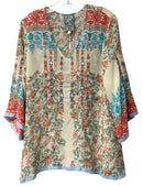 JOHNNY WAS Ivory Turq Red Multi Kaleidoscope Floral Cupra Jade V Neck Tunic