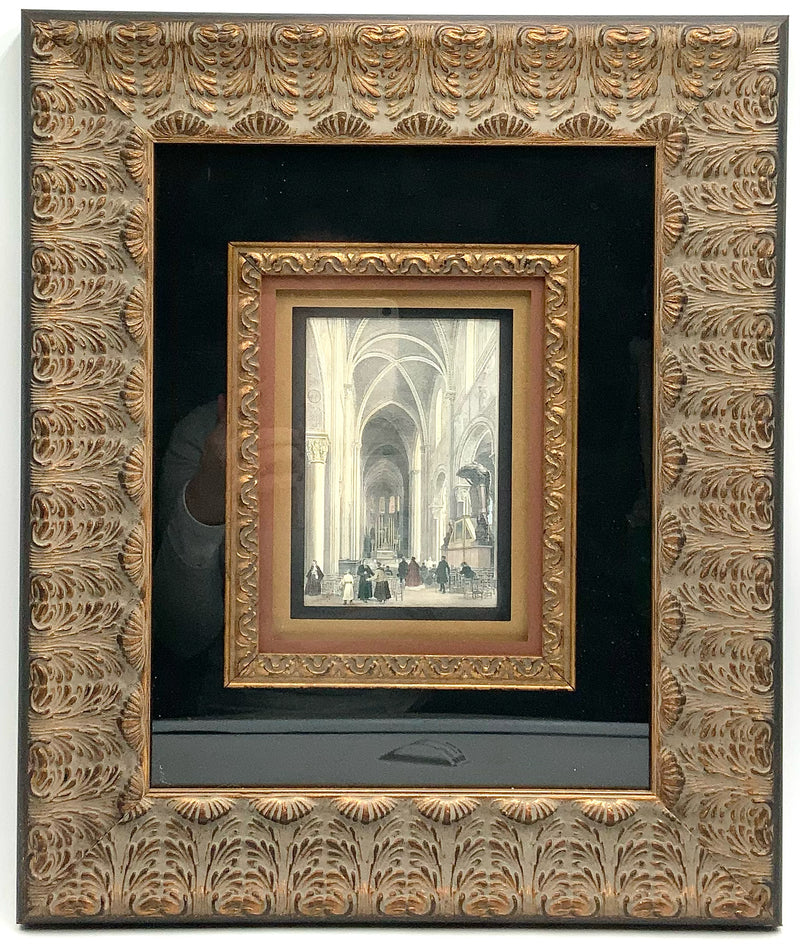 Pair of European Church Scenes in Black & Gold Frames