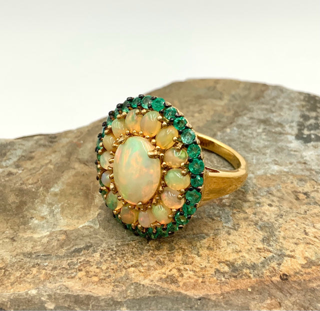 Gold Over Sterling Natural Welo Opal & Natural Emerald Ring