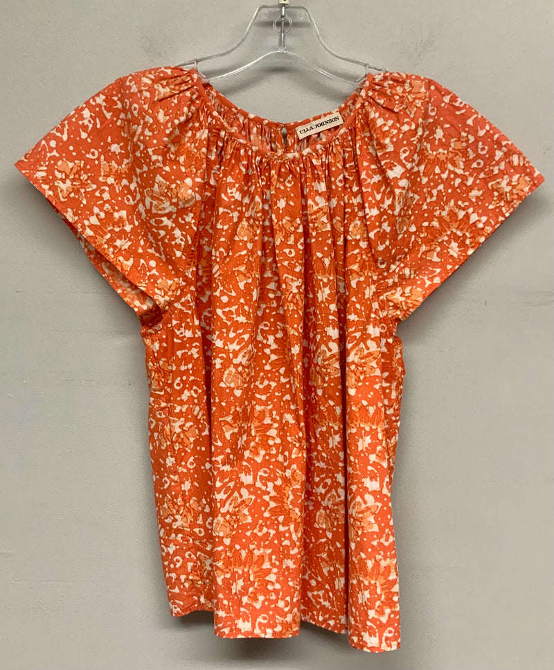 ULLA JOHNSON Orange Cream Patterned Cotton  Cap Slv Top