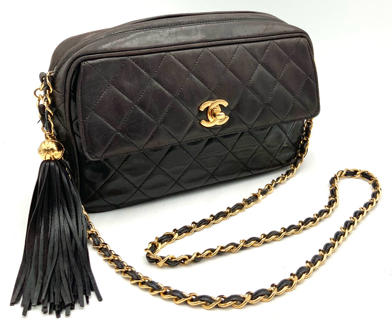 CHANEL Vintage Brown Lambskin Turnlock Flap Chain Strap Tassel Crossbody Bag
