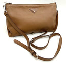 PRADA Brown Grained Leather Logo Bandoliera Crossbody Bag