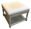 Rustic Wood Ottoman With Linen Upholstery