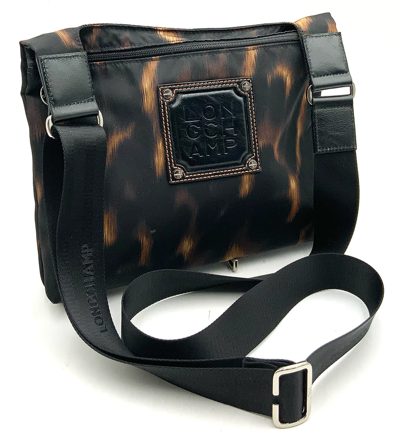 LONGCHAMP Black Tan Leopard Print Nylon Crossbody Bag