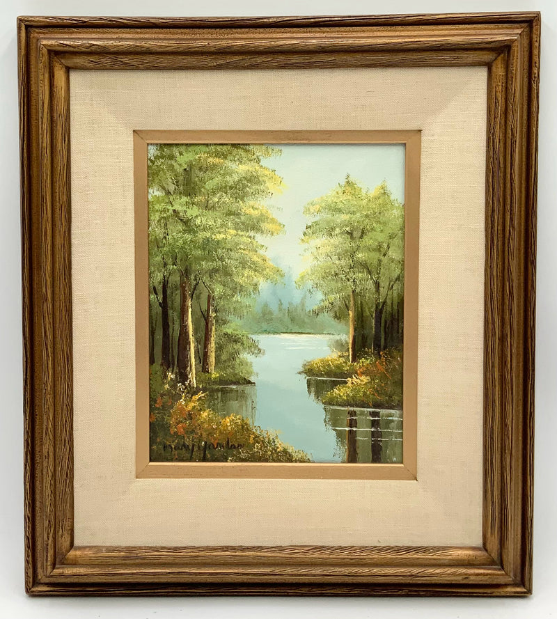 Original Oil on Canvas of Lake with Trees in Gold Frame