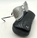 CHANEL Silver Frame Black Textured Side Mirrored Lens Pilot Aviator Sunglasses