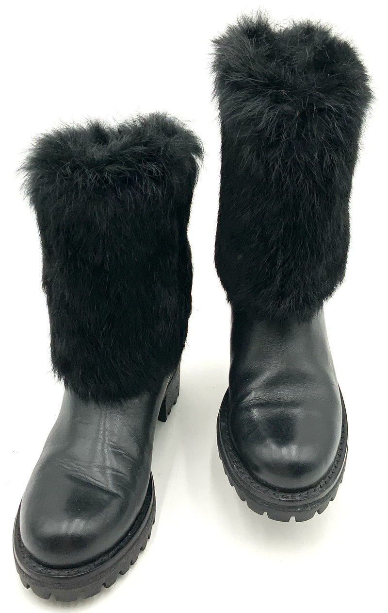 TORY BURCH Black Leather Rabbit Fur Cuff Joni Boots 6