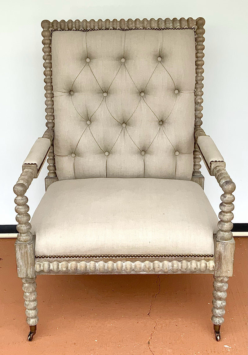 Whitewashed Spool Armchair with Tufted Linen Upholstery