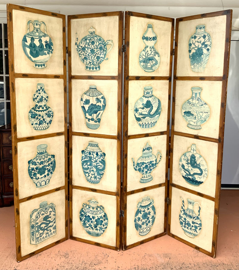 Painted Wood Four Panel Screen with Asian Vase Motif