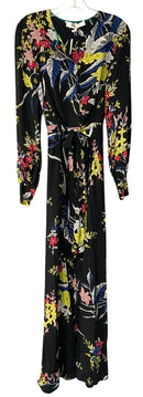 DVF Black Red Blue Yellow White Floral L/S Belted Maxi Dress
