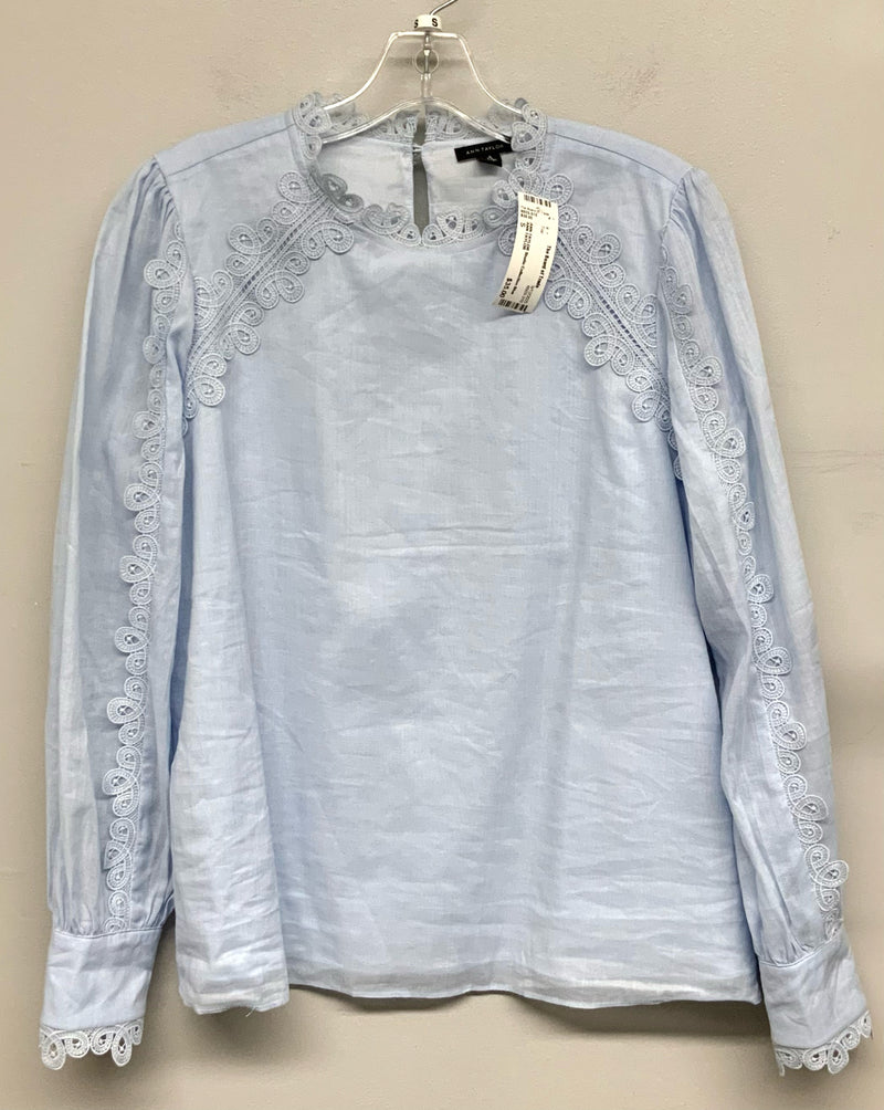 ANN TAYLOR Blue Cotton Lace Trim L/S Top
