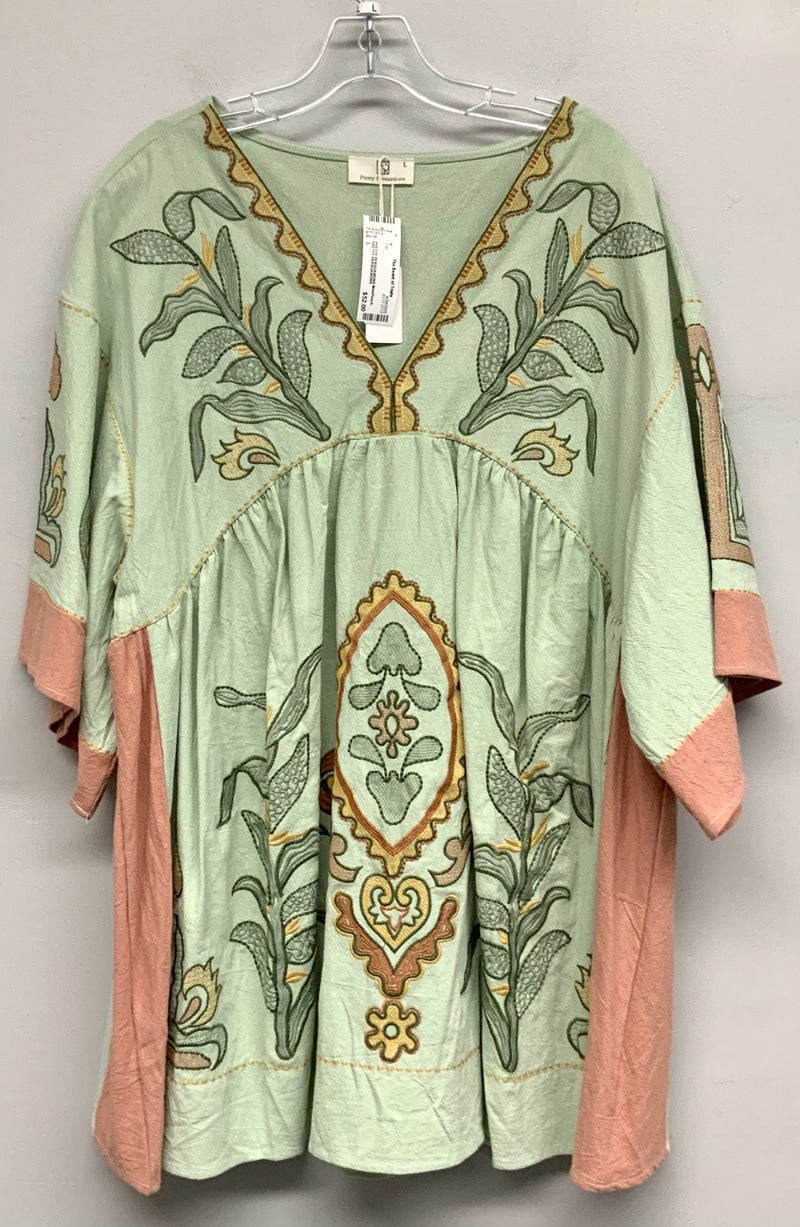 PRETTY PERSUASIONS Mint/Peach w/Floral Embroid Kimono Sleeve Tunic