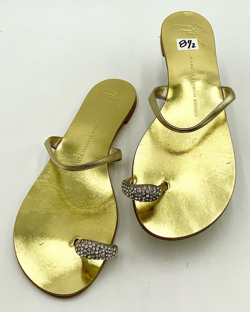 GIUSEPPE ZANOTTI Gold Leather Crystal Toe Accent Rock Sandals 39